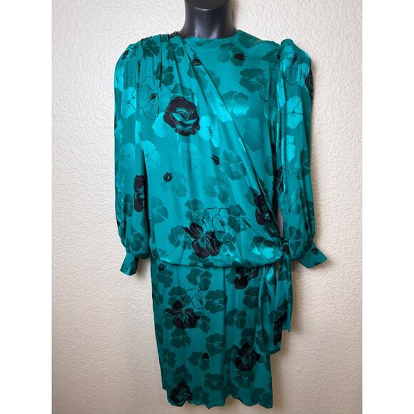 Silk Teal Green Drape Tie Floral Dress Vtg 80's Francesca Damon Starington Sz 8 - Picture 2 of 9